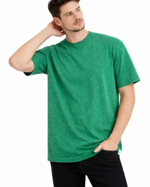 Erkek Asit Yıkama Bisiklet Yaka Kısa Kollu Oversize T-Shirt Tişört - Yeşil