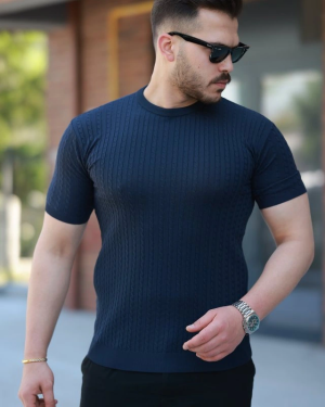 Erkek Bisiklet Yaka örgü Desenli Kısa örme Triko Kısa Kollu T-shirt