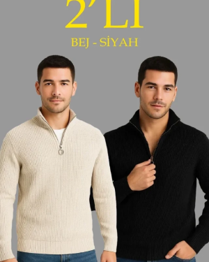 Erkek Fitilli Triko Kazak 2’li Set – Siyah - Bej Kalın Dokuma Pamuklu Regular Fit V Yaka Fermuarlı Uzun Kollu Rahat Kışlık Kazak Kombini