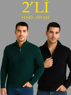 Erkek Fitilli Triko Kazak 2’li Set – Siyah - Haki Kalın Dokuma Pamuklu Regular Fit V Yaka Fermuarlı Uzun Kollu Rahat Kışlık Kazak Kombini