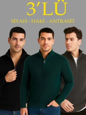 Erkek Fitilli Triko Kazak 3’lü Set – Haki, Siyah, Antrasit Kalın Dokuma Pamuklu Regular Fit V Yaka Fermuarlı Uzun Kollu Rahat Kışlık Kazak Kombini