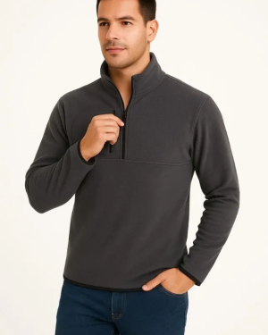 Erkek Polar Kazak – Dik Yaka, Yarım Fermuarlı, Fermuarlı Göğüs Cepli, Siyah Biyeli, Kışlık Rahat Regular Fit Günlük Model - Füme