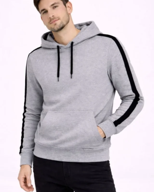 Erkek Şeritli Kapüşonlu Sweatshirt Oversize 3 Iplik Pamuklu - Gri