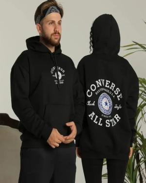Erkek Sırt Baskılı Oversize Üç İplik Kapüşonlu Hoodie Sweatshirt - Siyah