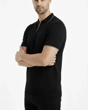 Erkek Triko Kumaş Yakalı Düğmesiz Açık Yaka Fitilli Kısa Kollu Regular Fit Tişört T-shirt - Siyah