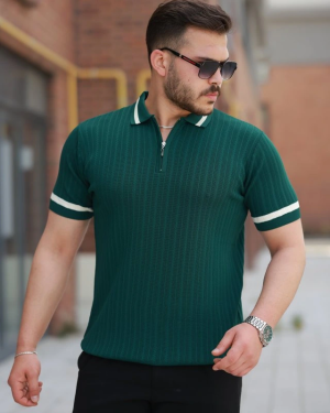 Erkek Yaka Ve Kolları çizgi Detaylı Fermuarlı Kısa Kollu T-shirt