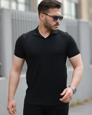 Erkek Yakalı Waffle Dokulu Kısa Kollu Tişört