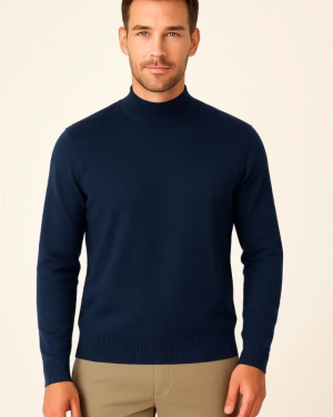 Erkek Yarım Boğaz Triko Kazak Yumuşak Dokulu Pamuklu Ince Dokuma, Uzun Kollu Rahat Regular Kalıp - Lacivert