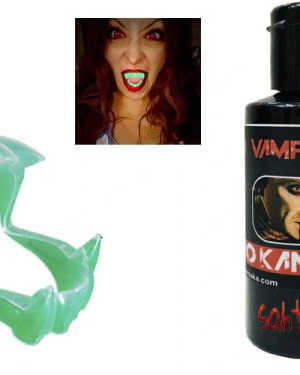 Fosforlu Çift Damak Takma Vampir Dişi ve 50 gr Tiyatro Kanı Set