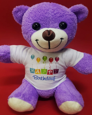 Happy Birthday Tişörtlü Peluş Mor Ayıcık