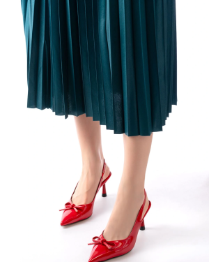 İNF-4500 Kırmızı Rugan Günlük Arkası Açık Fiyonklu Topuklu Bayan Ayakkabı