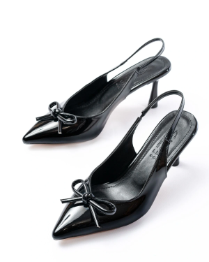 İNF-4500 Siyah Rugan Günlük Arkası Açık Fiyonklu Topuklu Bayan Ayakkabı