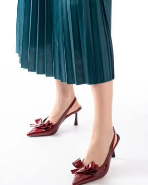 İNF-4501 Bordo Rugan Günlük Arkası Açık Fiyonklu Topuklu Bayan Ayakkabı