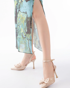 İNF-4505 Bej Saten Günlük Arkası Açık Kurdele detaylı Topuklu Bayan Ayakkabı