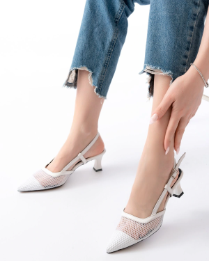 K-607 Beyaz Günlük Fileli Arkası Açık 7 cm Topuklu Bayan Ayakkabı