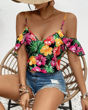 Kadın Askılı Omuzlardan Açık çiçek Baskılı Bluz