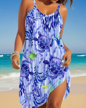 Kadın Askılı Yuvarlak Yaka Kaplumbağa Desenli Süprem Elbise