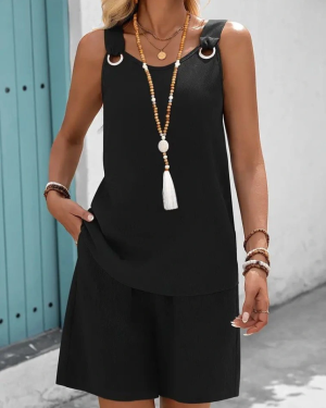 Kadın Askılı Yuvarlak Yaka Kuş Gözü Detaylı Bürümcük Bluz Ve Short Ikili Takım