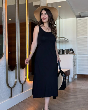 Kadın Askılı Yuvarlak Yakalı Viskon Elbise