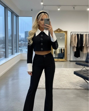 Kadın Gömlek Detay çixgili Ceket Ve Bol Paça Pantolon Ikili Takım