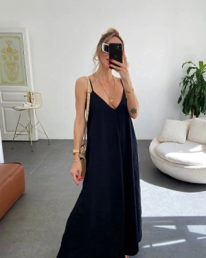 Kadın Ip Askılı V Yakalı Uzun Aerobin Elbise