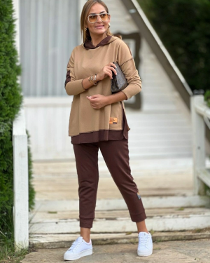 Kadın Kahve Kapşonlu Etek Ucu Detay Arma Ters Dikiş Gorunumlu Ikili Takım