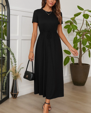 Kadın Kısa Kollu Bisiklet Yaka Belden Bağlamalı önü Bağcık Detaylı Maksi Boy Viskon Elbise