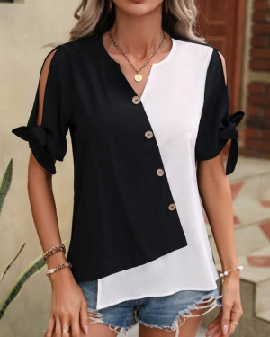 Kadın Kısa Kollu Kollardan Bağlamalı önden Asimetrik Kesim çift Renk Detaylı Düğmeli Ithal Krep Bluz