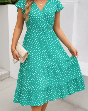 Kadın Kısa Kollu Kruvaze Yaka Beli Lastikli çiçek Desenli Elbise