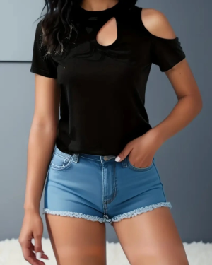 Kadın Kısa Kollu Tek Omuzu Açık Damla Detaylı Viskon Bluz