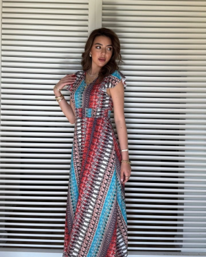 Kadın Kısa Kollu V Yakalı Desenli Yandan Yırtmaçlı Süprem Elbise