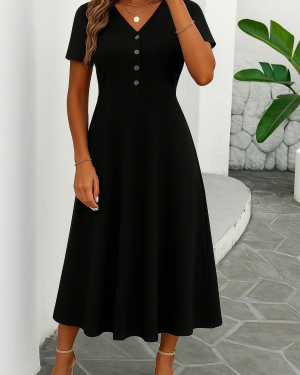 Kadın Kısa Kollu V Yakalı önden Düğmeli Yırtmaçlı Midi Viskon Elbise