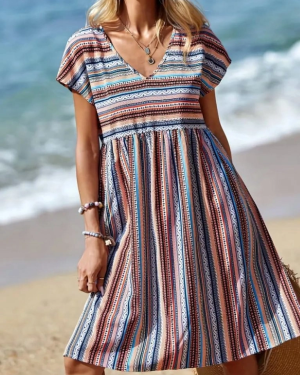 Kadın Kısa Kollu V Yakalı Pile Detay Keten Elbise