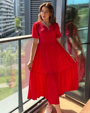 Kadın Kısa Kollu Yakası Açık Katlı Bürümcük Balon Elbise