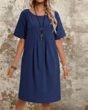 Kadın Kısa Kollu Yakası Açık önden Büzgülü Cep Detaylı Viskon Iki Iplik Elbise