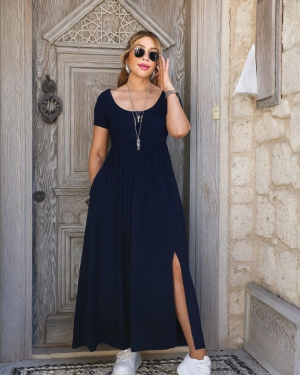 Kadın Kısa Kollu Yuvarlak Yaka önden Yırtmaçlı Cepli Viskon Uzun Elbise