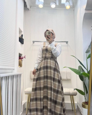 Kadın Omuz Askılı Full Ekose Detay Elbise