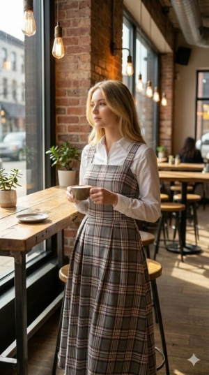 Kadın Omuz Askılı Full Ekose Detay Elbise