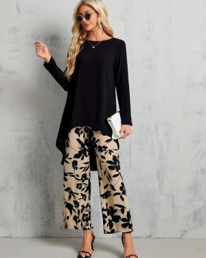 Kadın Uzun Kollu Bisiklet Yaka Asimetrik Kesim Detaylı Viskon Bluz Ve çiçek Desenli Iki Iplik Pantolon