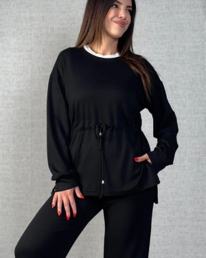 Kadın Uzun Kollu Bisiklet Yaka Belden Büzgülü Bağcıklı Viskon Iki Iplik Bluz Ve Pantolon Ikili Takım