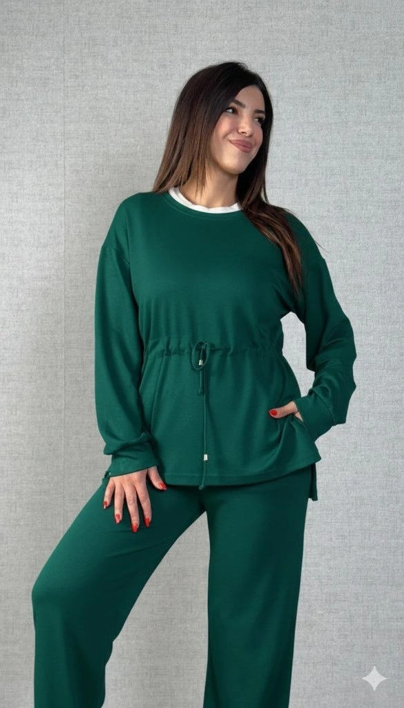 Kadın Uzun Kollu Bisiklet Yaka Belden Büzgülü Bağcıklı Viskon Iki Iplik Bluz Ve Pantolon Ikili Takım