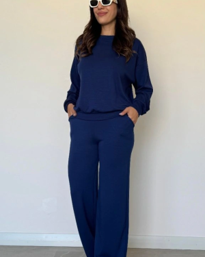 Kadın Uzun Kollu Bisiklet Yaka Viskon Iki Iplik Bluz Ve Pantolon Ikili Takım