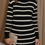 Kadın Uzun Kollu Degaje Yaka çizgili Sonya Iplik Mini Boy Triko Elbise (kemersiz)