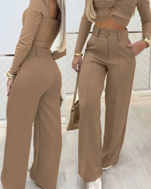 Kadın Uzun Kollu Göğüs Dekolteli Ithal Krep Bluz Ve Pantolon Ikili Takım