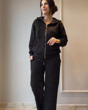 Kadın Uzun Kollu Kapşonlu Fermuarlı Taşlı önü Fermuarlı Viskon Iki Iplik Bluz Ve Eşofman Altı Ikili Takım