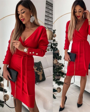 Kadın Uzun Kollu Kruvaze Yaka Bağcık Detay Akrilik Mini Boy Elbise