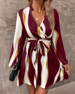 Kadın Uzun Kollu Kruvaze Yakalı Desenli Modal Mini Elbise