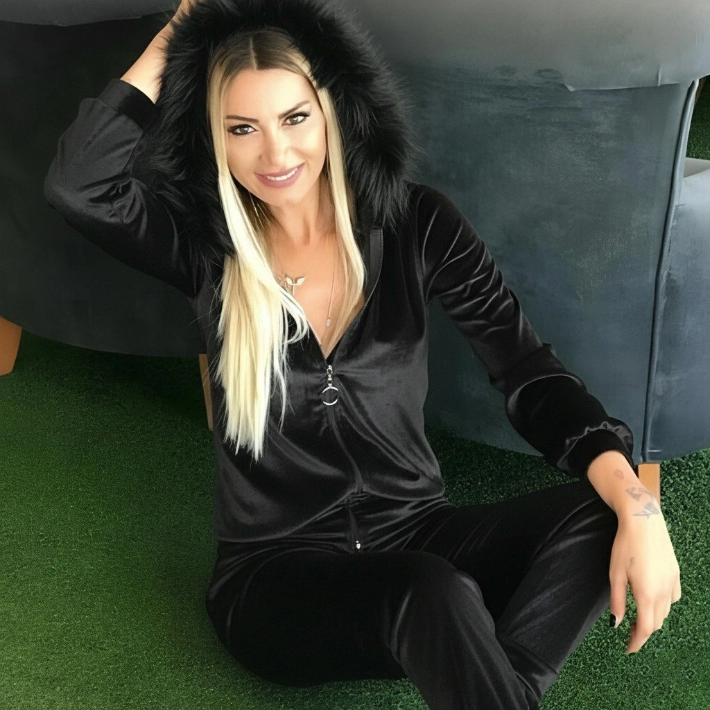 Kadın Uzun Kollu önden Fermuarlı Kapşon Tüy Detaylı Kadife Bluz Ve Pantolon Ikili Takım