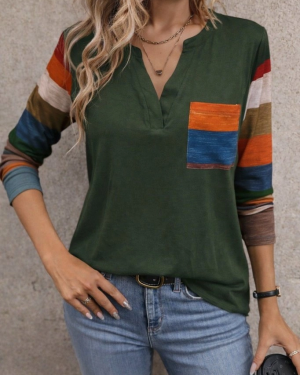 Kadın Uzun Kollu V Yakalı Cepli çok Renkli Viskon Bluz