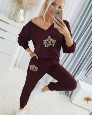 Kadın Uzun Kollu V Yakalı Desenli Viskon Iki Iplik Bluz Ve Pantolon Ikili Takım